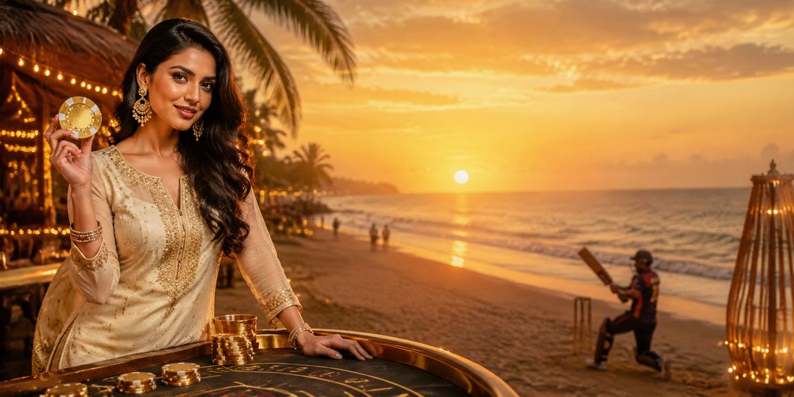 Player responsibly betting cricket on Goa beach using mobile device