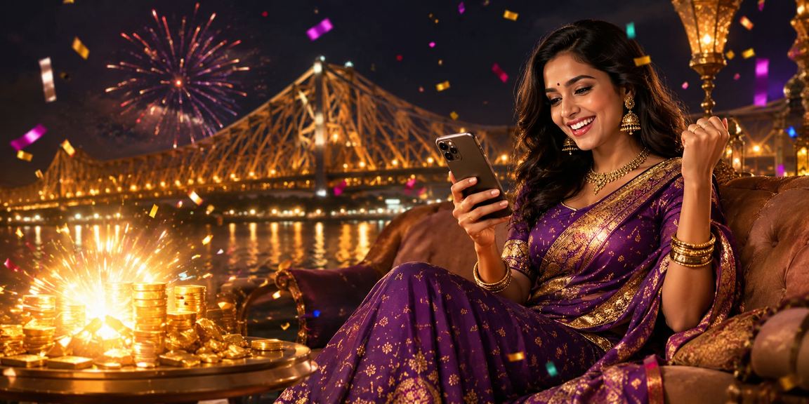 Player enjoying mobile casino promotions in Kolkata with Howrah Bridge backdrop